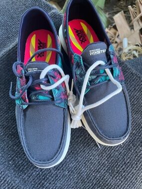 Skechers Navy Canvas Slip-On Sneakers with Teal & Pink Accents